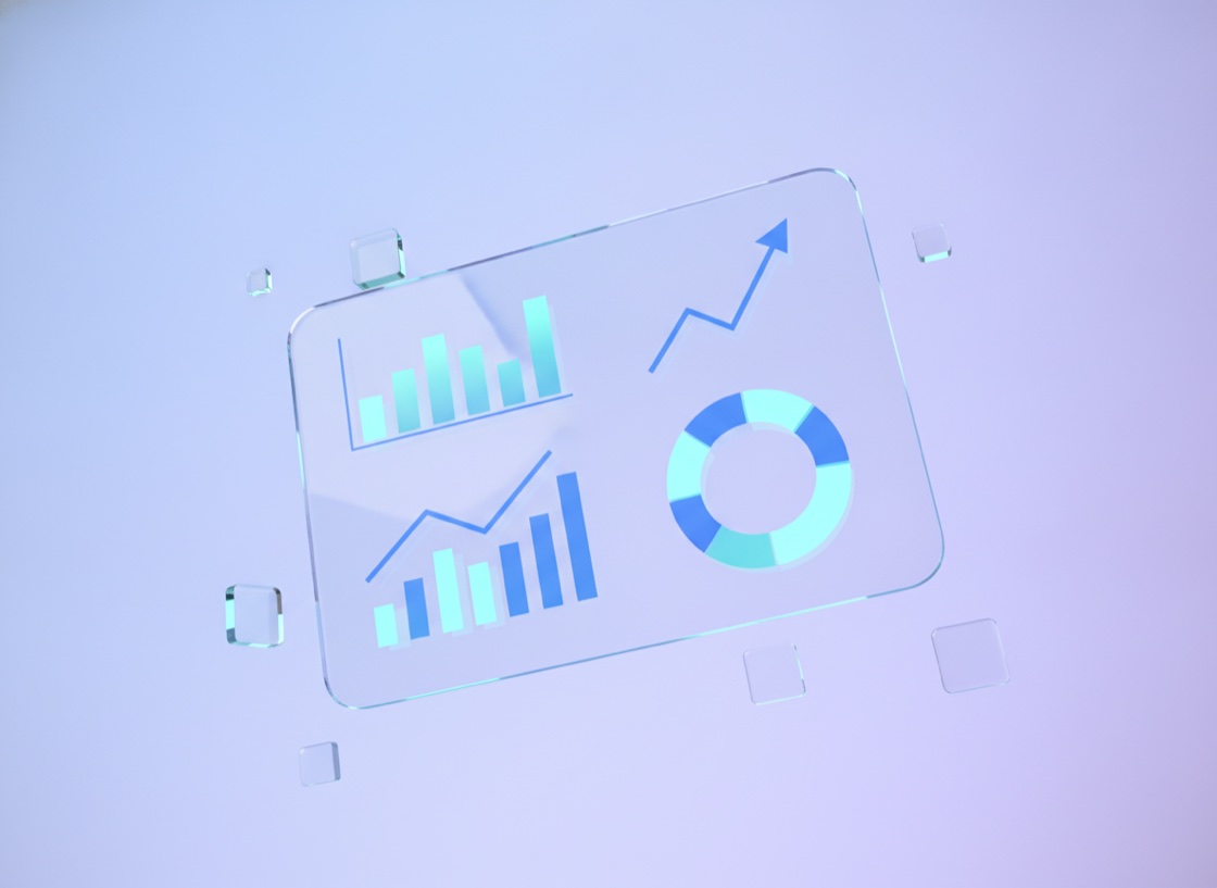 Glass dashboard with glowing charts